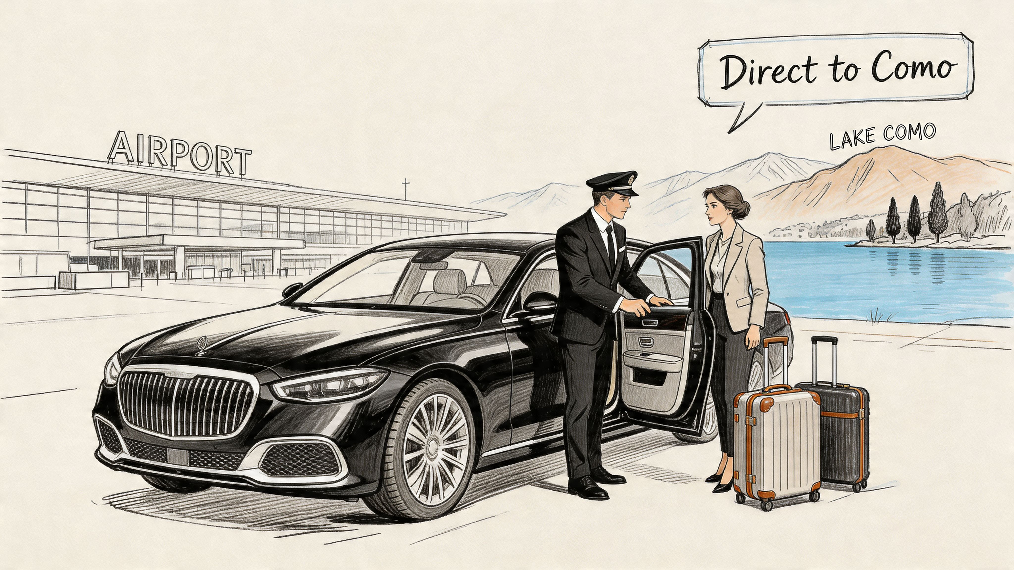 A professional chauffeur opens the car door for a female passenger with luggage at the airport terminal.